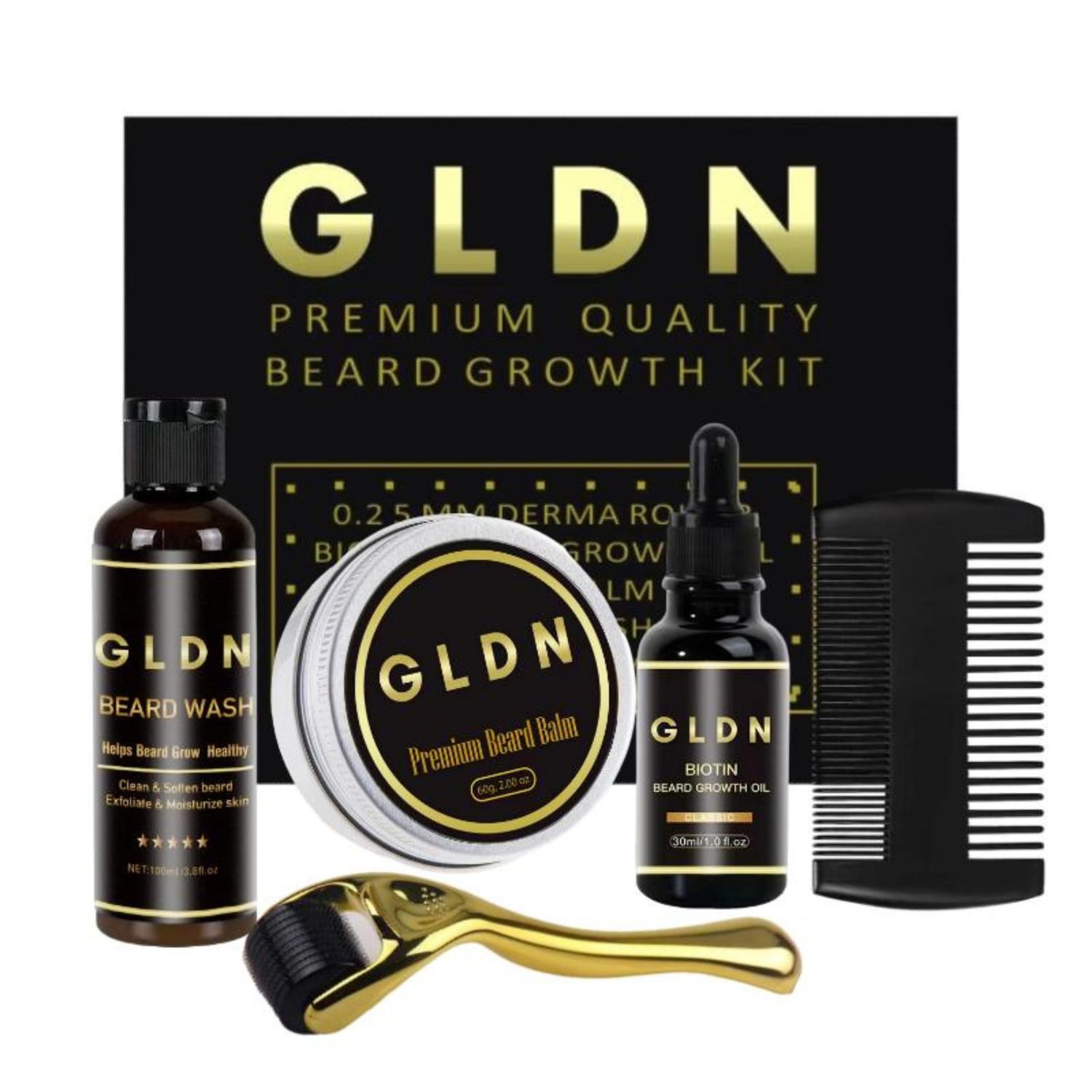 GLDN Beard Kit Includes Beard Oil, Beard Serum, Beard Comb Beard Derma Roller