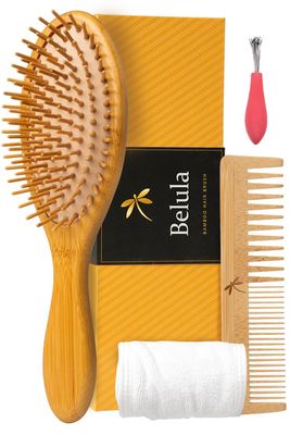 Bamboo Brush for Hair Growth - Natural Bamboo Brush Set for Women, Men Kids - Detangling Oval Hairbrush for Scalp Massage All Hair Types