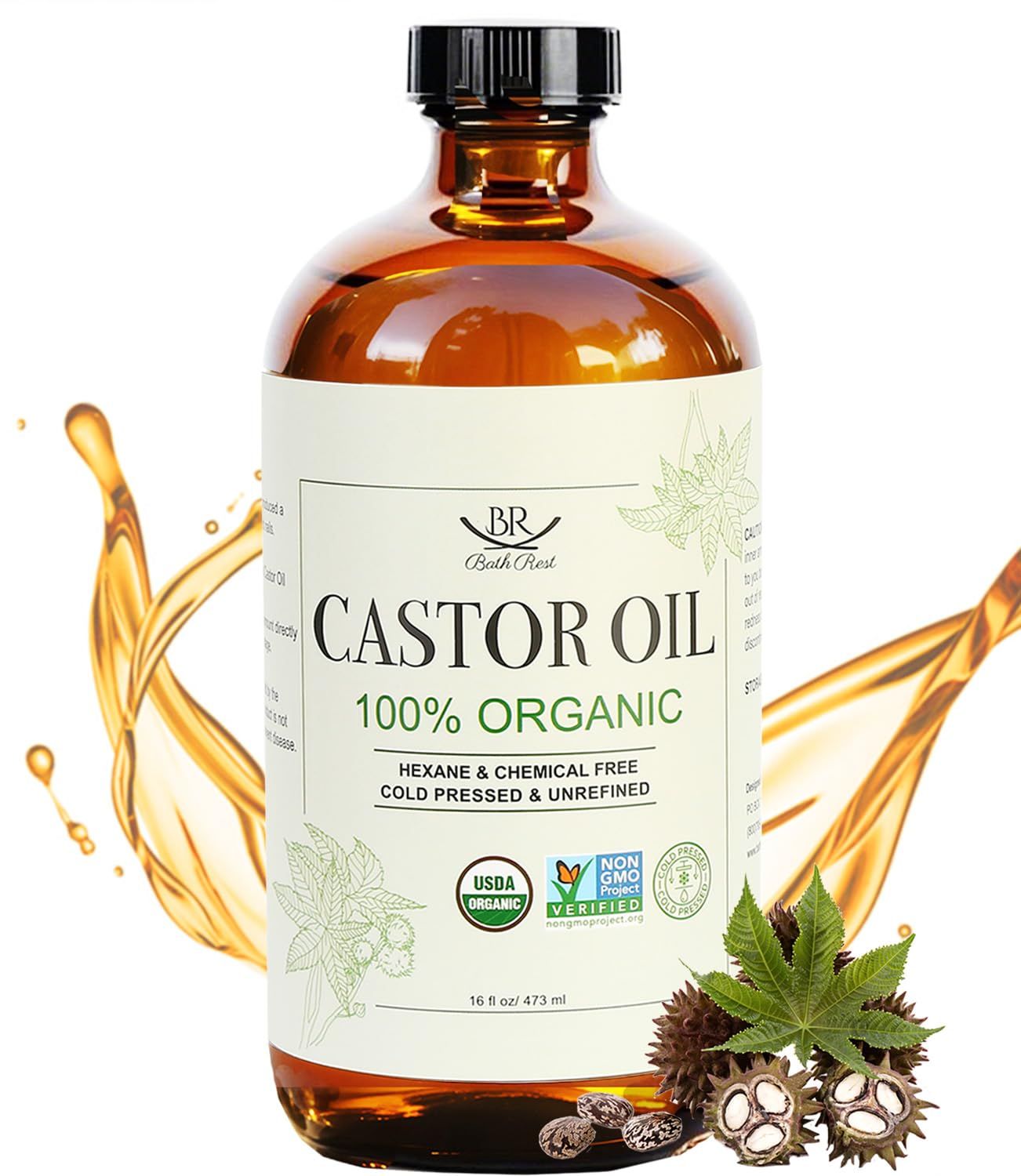 Castor Oil Organic Cold Pressed Unrefined Glass Bottle 100 Pure for Hair Growth Eyelashes Brows Castor Oil Packs, Natural Skin Moisturizer, USDA Certified Hexane Free Vegan 16 oz (473ml)