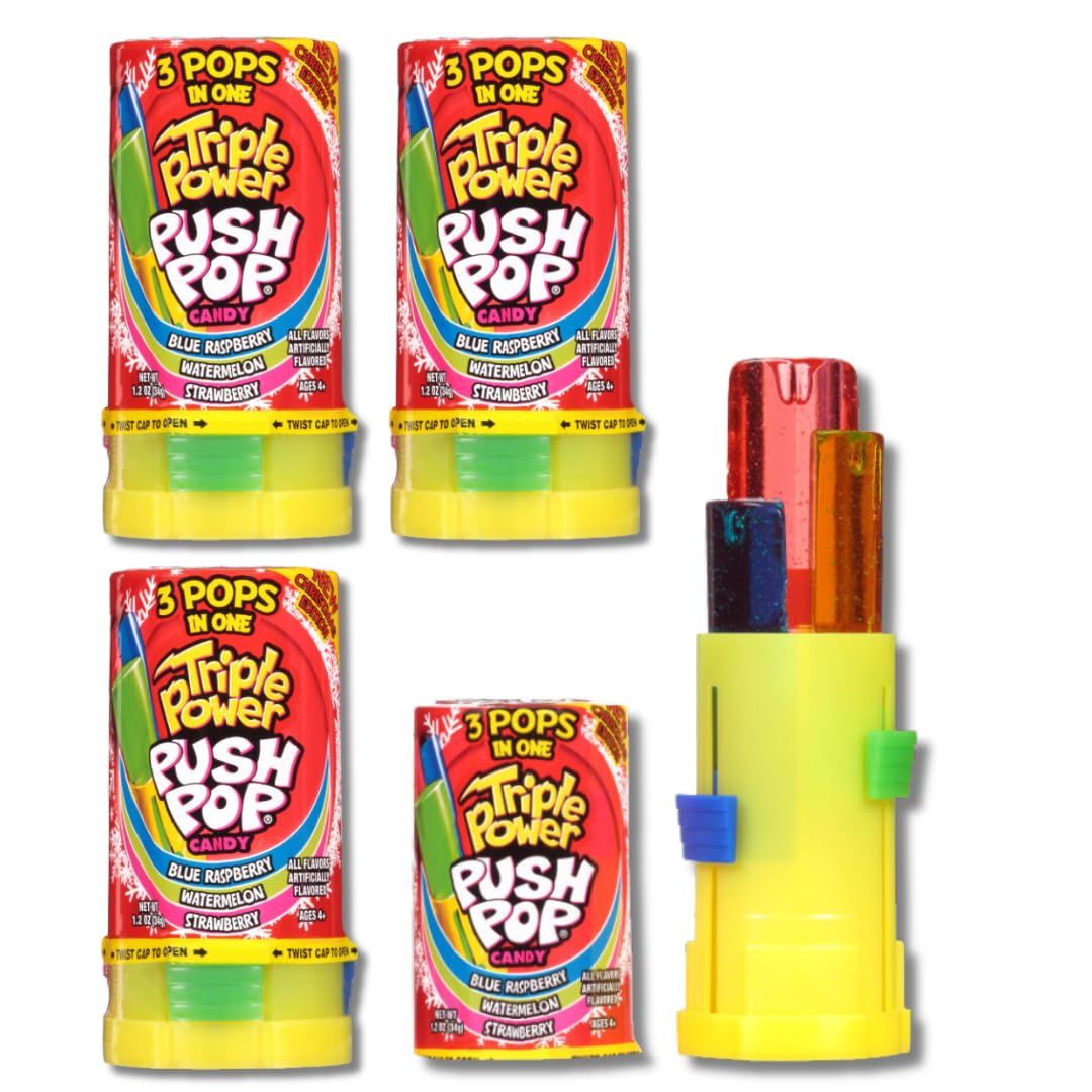 Limited Edition Triple Power Push Pops - Three Flavors in One - Individually Wrapped - By Lyza&#39;s Sweets Treats (Pack of 4)