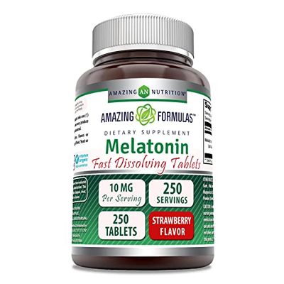 Amazing Formulas Melatonin 10 Mg Fast Dissolve Supplement 250 Tablets Strawberry Flavor Non-GMO Gluten-Free Made in USA