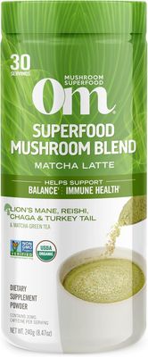 Om Mushroom Superfood Matcha Latte Blend Mushroom Powder, 8.47 Ounce Canister, 30 Servings, Green Tea, Lion&#39;s Mane, Reishi, Chaga, Turkey Tail, Focus Stress Support Supplement