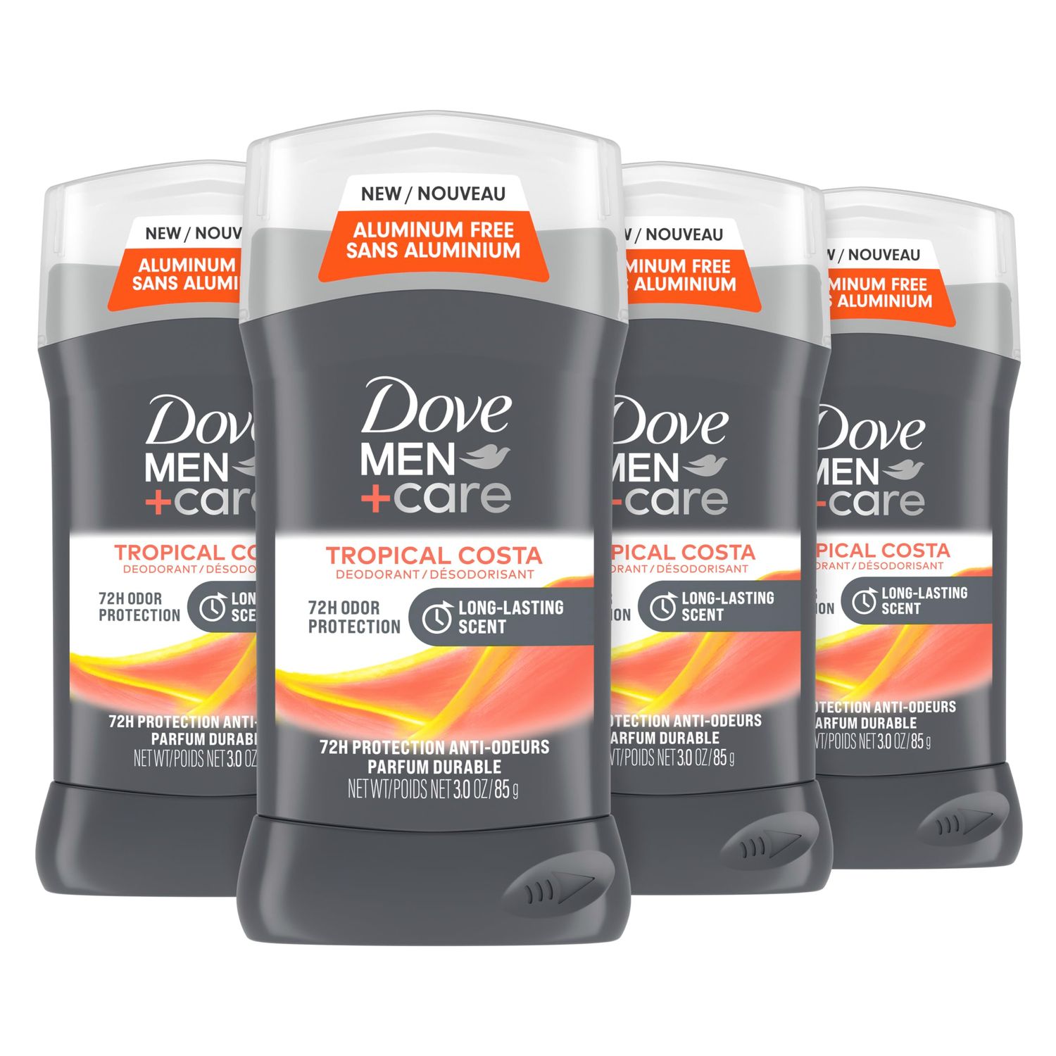 Dove MenCare Aluminum-Free Deodorant Tropical Costa 4 Count for a Long-Lasting Scent, with 72H Odor Protection, 3.0 oz