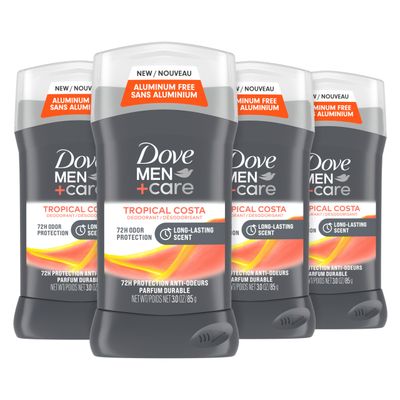 Dove MenCare Aluminum-Free Deodorant Tropical Costa 4 Count for a Long-Lasting Scent, with 72H Odor Protection, 3.0 oz