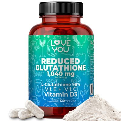 Love You Reduced Glutathione 98 Purity 1040 mg Vitamin C, E D3 1804 mg Total per Serving Intracellular Antioxidant Supports Detoxification Immune Function 120 Veggie Caps 30 Servings
