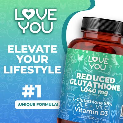 Love You Reduced Glutathione 98 Purity 1040 mg Vitamin C, E D3 1804 mg Total per Serving Intracellular Antioxidant Supports Detoxification Immune Function 120 Veggie Caps 30 Servings