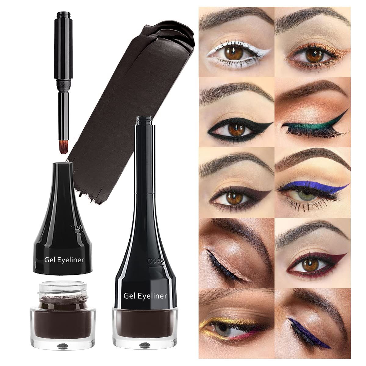 LSxia 2-in-1 Gel Eyeliner Set, Tattoo Eyeliner Waterproof Smudge Proof Gel Cream Eye liner Pot with Brush, High Pigment Eye Makeup for Women (Brown)