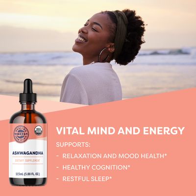 Vimergy USDA Organic Ashwagandha Liquid Extract, 57 Servings -Stress Supplement Drops - Adaptogen - Supports Cognitive Function - Sleep Support - Alcohol-Free, Non-GMO, Vegan Paleo Friendly (115 ml)