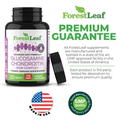 Glucosamine Chondroitin MSM Complex Supplement - Triple Strength 1200mg Joint Support Supplement for Women Men with Turmeric, Hyaluronic Acid and Bromelain for Muscle Flexibility - 120 Caps