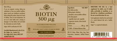 Solgar Biotin 300 mcg - 100 Tablets - Supports Healthy Skin, Nails Hair - Non-GMO, Vegan, Gluten Free, Dairy Free, Kosher, Halal - 100 Servings