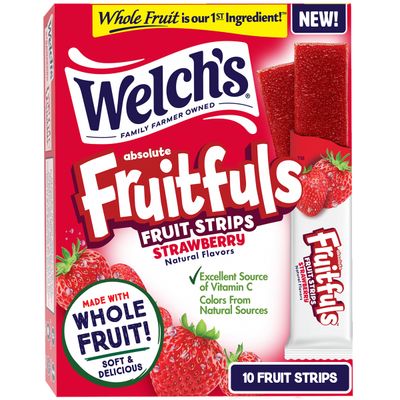 Welchs Absolute Fruitfuls Fruit Strips, Tasty Dried Fruit Snacks for School Lunches, Strawberry, 0.5oz (Pack of 10)