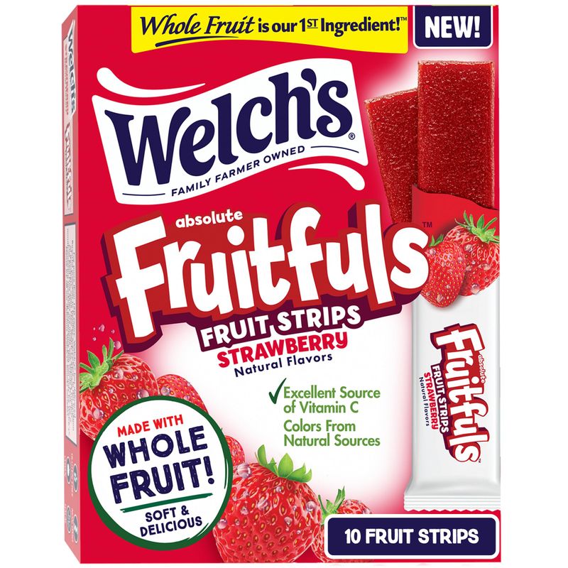 Welchs Absolute Fruitfuls Fruit Strips, Tasty Dried Fruit Snacks for School Lunches, Strawberry, 0.5oz (Pack of 10)