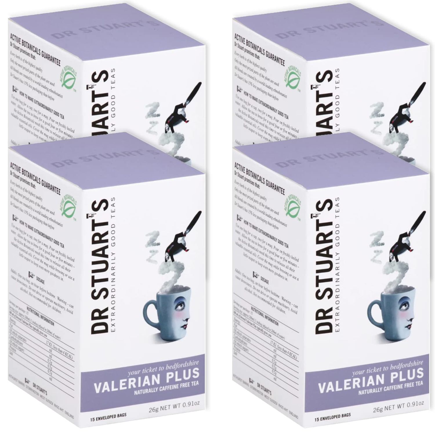 Dr Stuart&#39;s Organic Valerian Plus Tea 60 Teabags (15 Bags x Pack of 4) Herbal Blend of Chamomile, Valerian Root Fennel Bedtime Tea Helps in Restful Sleep Relaxation Naturally Caffeine Free