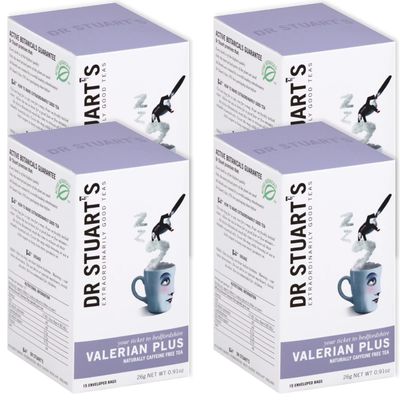 Dr Stuart&#39;s Organic Valerian Plus Tea 60 Teabags (15 Bags x Pack of 4) Herbal Blend of Chamomile, Valerian Root Fennel Bedtime Tea Helps in Restful Sleep Relaxation Naturally Caffeine Free