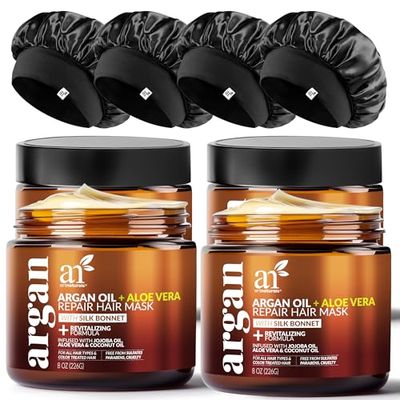 Artnaturals Argan Hair Mask Conditioner Satin Bonnet Set - Deep Conditioning Treatment - Jojoba Oil, Aloe Keratin - Repair Dry, Damaged, Color Treated (2 Fl Oz (Pack of 4), Argan Oil)