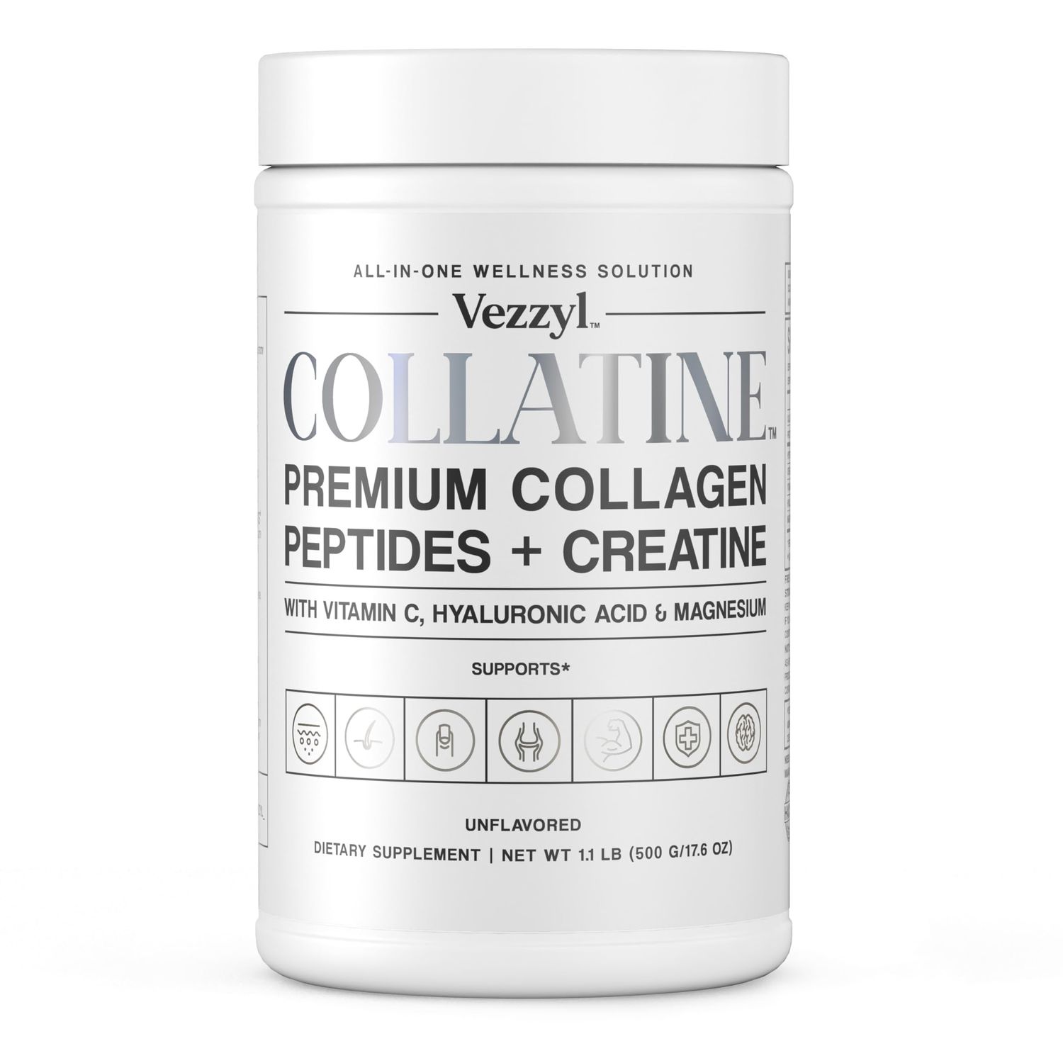 Vezzyl - Collatine - Premium Collagen Peptides Creatine with Vitamin C, Hyaluronic Acid and Magnesium for Skin, Hair, Nails, Bone Joint, Muscle, Immune and Cognitive Aid (1.1 LB (500 G17.6 OZ)