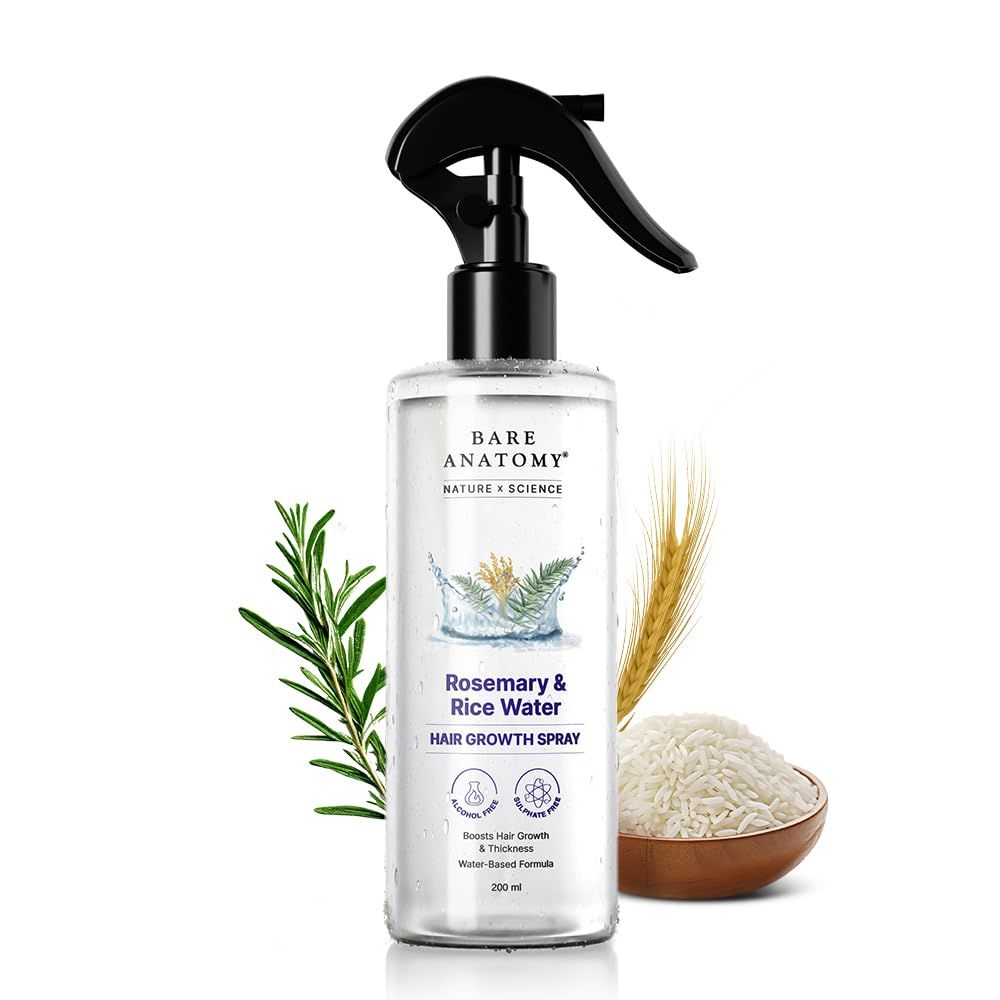 Bare Anatomy Nature x Science Rosemary Water Spray for Hair Growth Hair Thickness with Rice Water 100 Natural Extract Soft Smooth Hair Controls Hairfall Non-Greasy Fast Absorbing 200ml