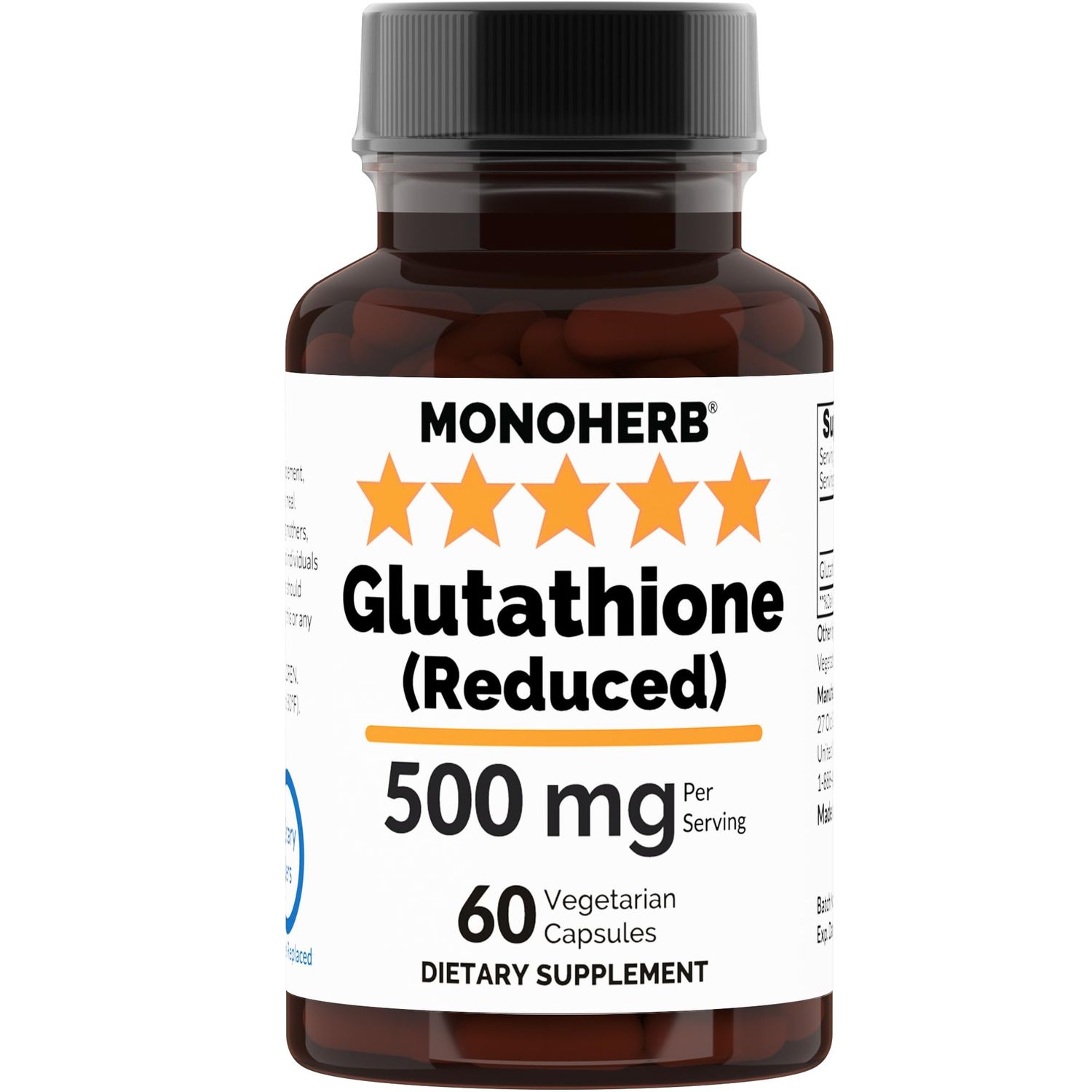 MONOHERB Reduced Glutathione 500 mg - 60 Veg Capsules 250 mg per Capsule - Serving Size 2 Capsules: 500 mg - 30 Servings