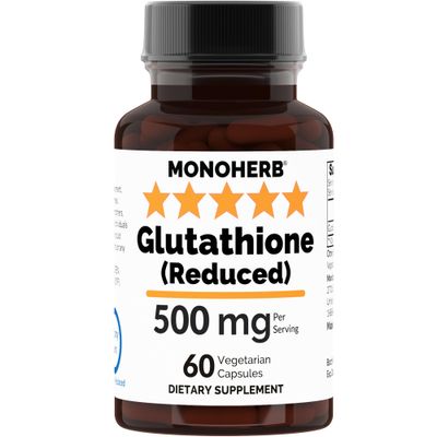MONOHERB Reduced Glutathione 500 mg - 60 Veg Capsules 250 mg per Capsule - Serving Size 2 Capsules: 500 mg - 30 Servings