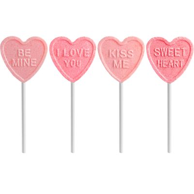 Fruidles Valentine&#39;s Heart Lollipop Candy Sucker Assortment, Dextrose Pressed Candy, Kiss me, Be Mine, I Love You, and Sweet Heart, Individually Wrapped, (Pack of 24)