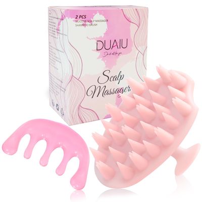 DUAIU Scalp Massager Shampoo Brush with Head Scalp Comb, Silicone Scalp Scrubber Gua Sha Comb for Women Men Hair Growth Dandruff Removal, Head Massage Brush Comb Set Gift, Pink