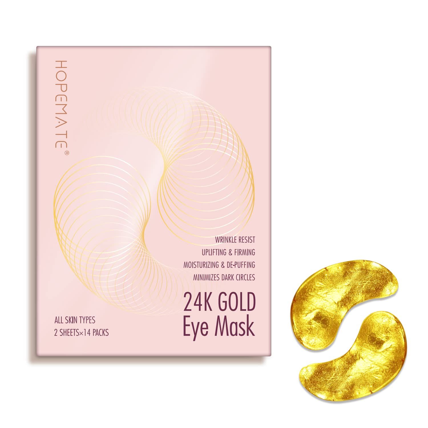 HOPEMATE 24K Gold Eye Mask with Hyaluronic Acid Collagen, Reduce Wrinkles, Reduce Dark Circles and Puffiness, Reduce Fine Lines, Skin Firming, Under Eye Patches,14 Pairs