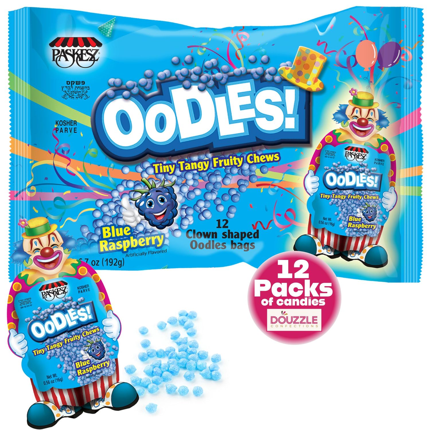 DOUzzle Oodles Clown Shaped, Blue Raspberry Tiny Tangy Chews (12 Count, Pack of 1) Individually Wrapped Candies, Birthday Party Favors, Goodie Bags Stuffers, Pinata Filler - Kosher Parve
