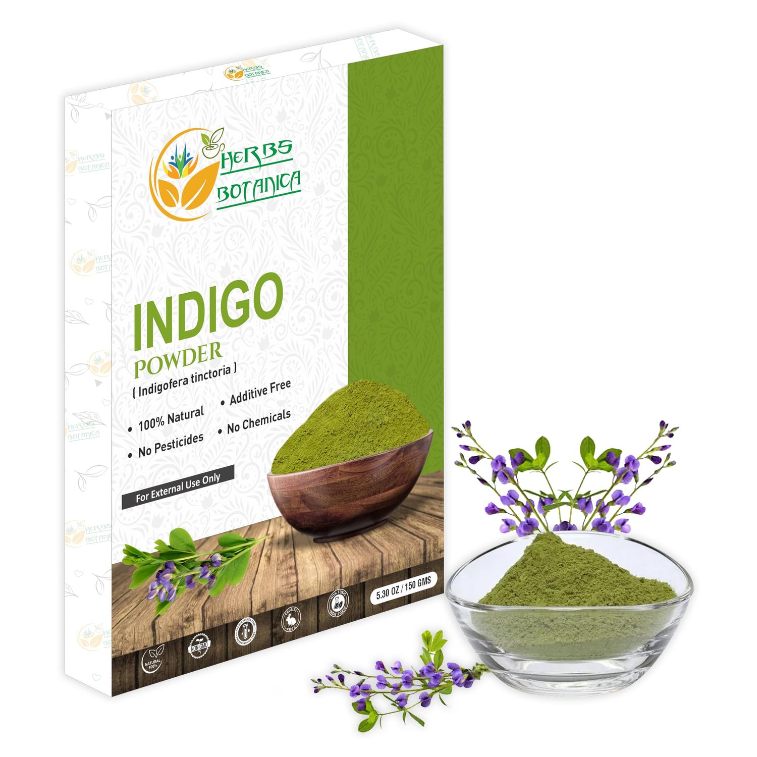 Herbs Botanica Indigo Powder For Hair - Indigofera Tinctoria (100 Natural Organically Henna Grown) 150 Grams 5.3 Oz Natural Black Hair Dye, Natural Henna Herbs and Corps