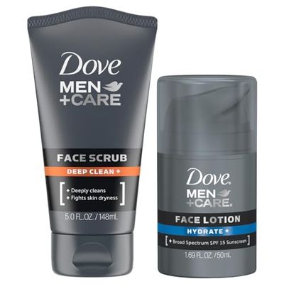 Dove Men Care Bundle - Mens Face Lotion, Hydrate SPF 15 Face Scrub, Deep Clean Moisturizer (2 Piece Set)
