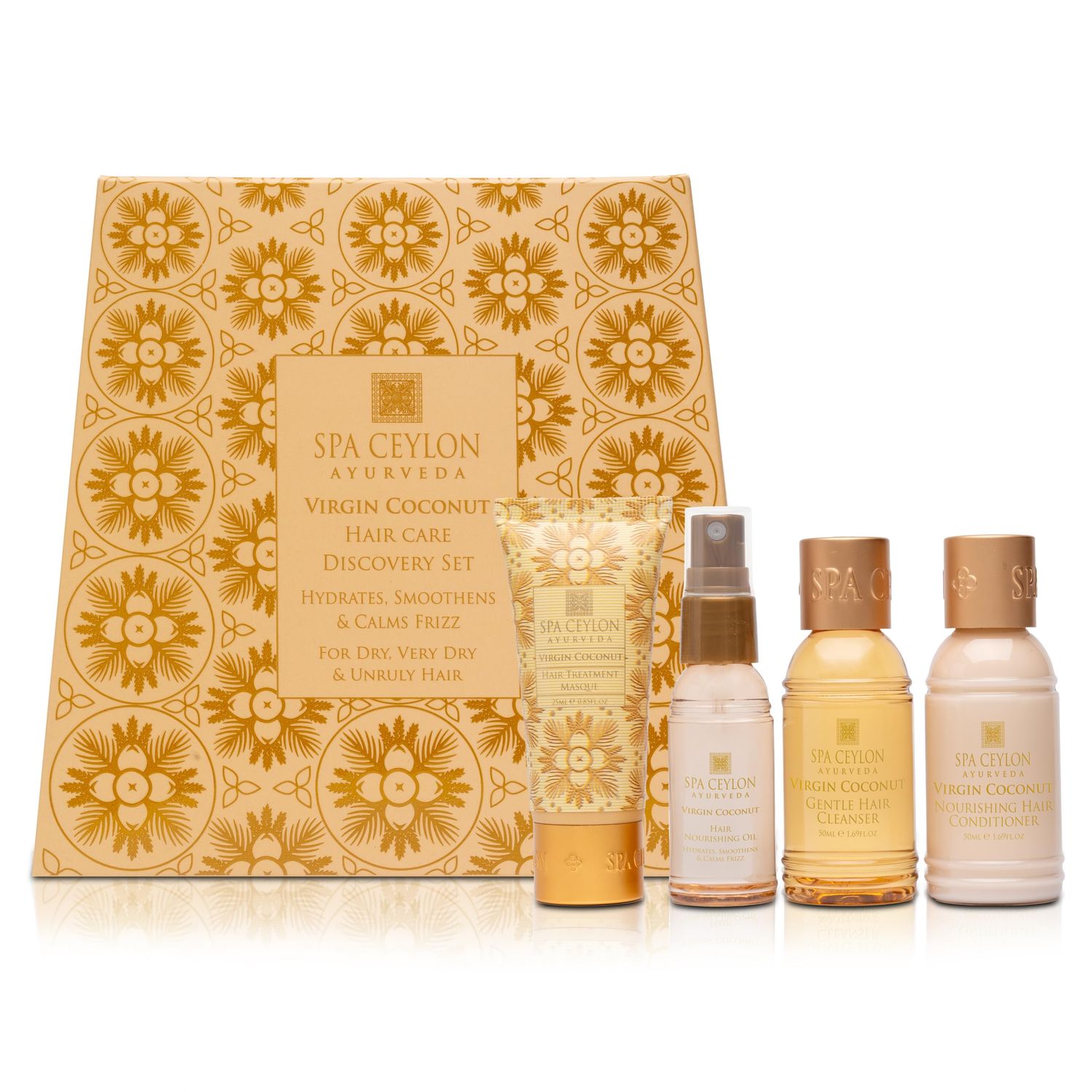 SPA CEYLON Virgin Coconut Hair Care Discovery Set Dry and Frizzy Hair Care Solution Shampoo Conditioner Hair Mask Hair Oil Hydrates, Smoothens Calms Frizz