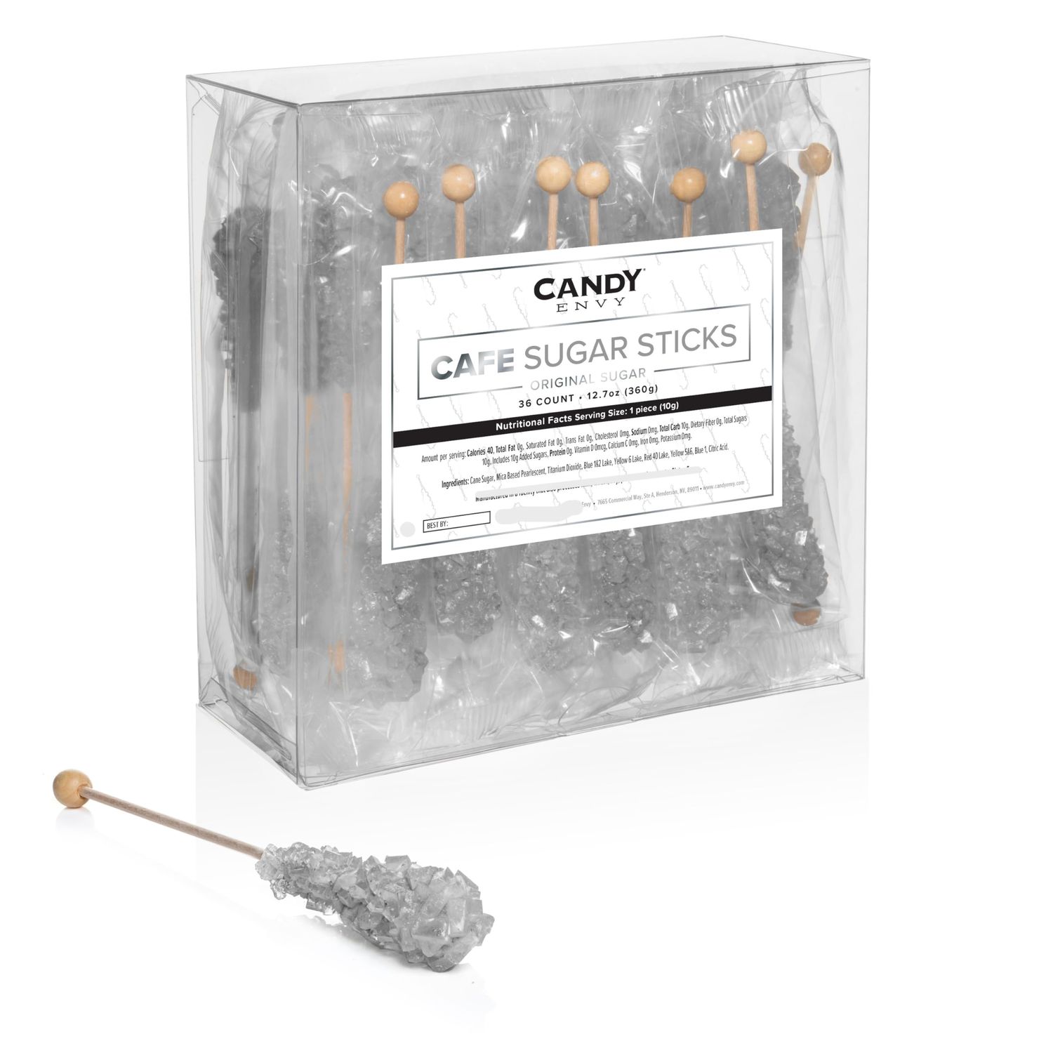 Candy Envy - Silver Caf Sugar Sticks Mini Rock Candy - 36 Individually Wrapped Silver Treats - Original Sugar Flavored