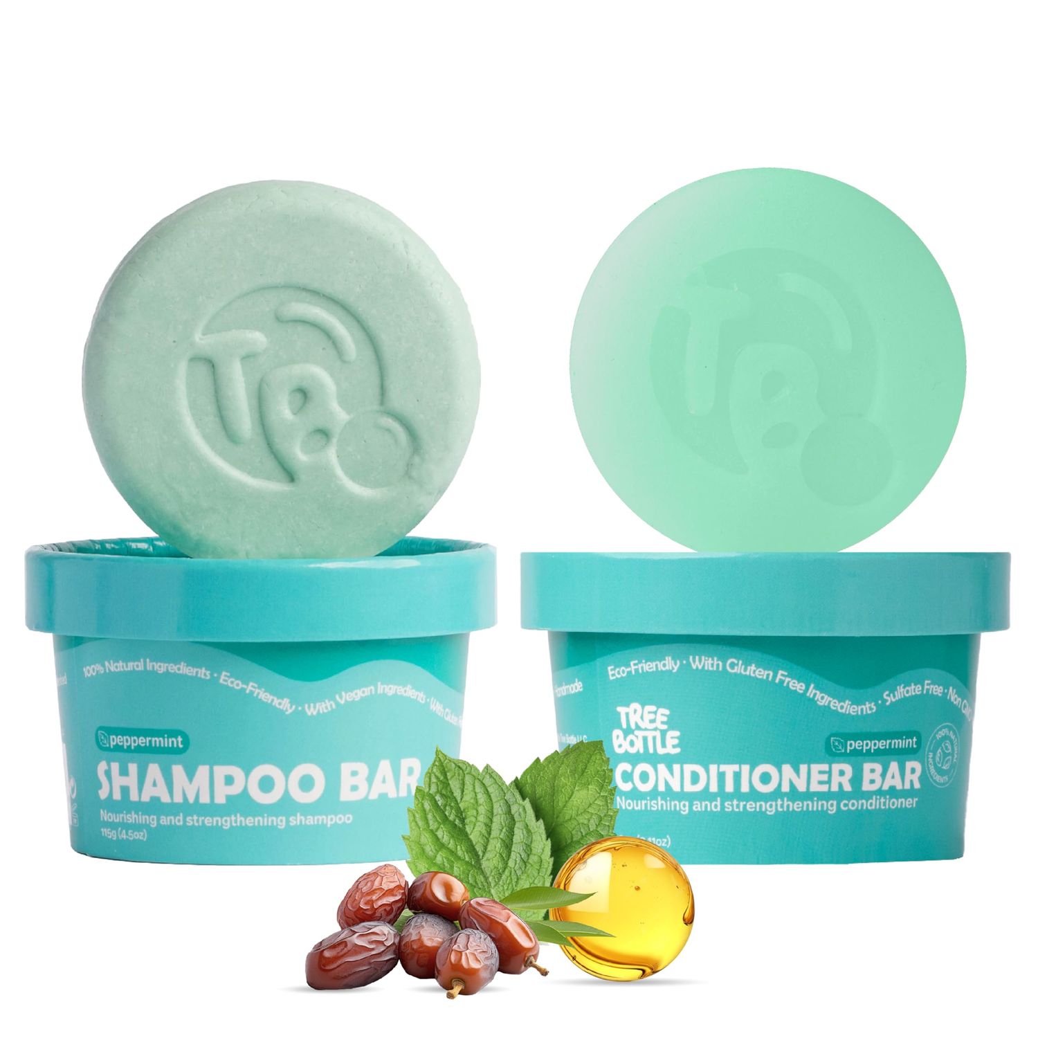 Tree Bottle Shampoo Conditioner Bar Set - Peppermint Essential Oils Biotin, Castor Oil Batana oil for Volumizing, Nourishing and Strengthening - Plastic-Free - 6.6oz (Pack of 2)