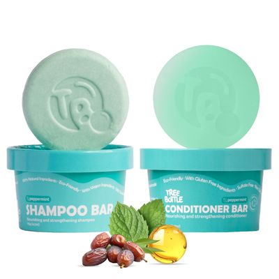 Tree Bottle Shampoo Conditioner Bar Set - Peppermint Essential Oils Biotin, Castor Oil Batana oil for Volumizing, Nourishing and Strengthening - Plastic-Free - 6.6oz (Pack of 2)
