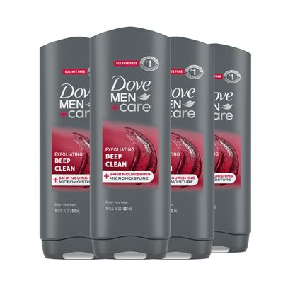 Dove MenCare Men 4 Count Exfoliating Deep Clean Body Face Wash For Men with 24-Hour Nourishing Micromoisture Technology 18 oz