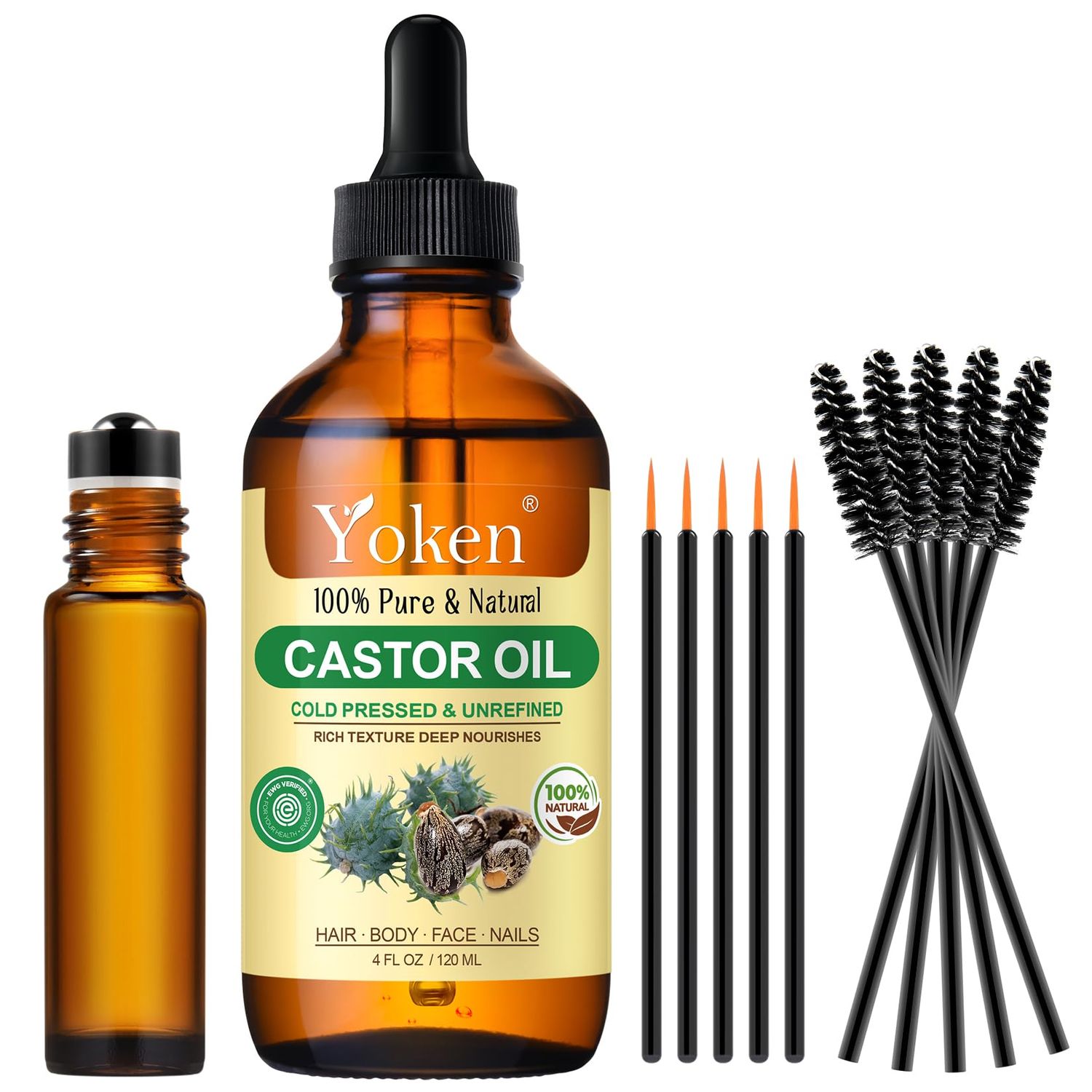 Yoken Castor Oil EWG Verified 4oz Glass Bottle - 100 Pure, Cold Pressed, Hexane Free, Virgin Caster Oils for Face, Eyelash, Eyebrow, Hair - with Lash Starter Kit Empty Roller Ball Bottle