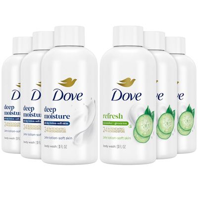 Dove Body Wash Travel Size Variety 6-Pack - Refresh Cucumber Green Tea Deep Moisture, 24H Renewing Moisture for Soft Skin, 3 Oz Ea