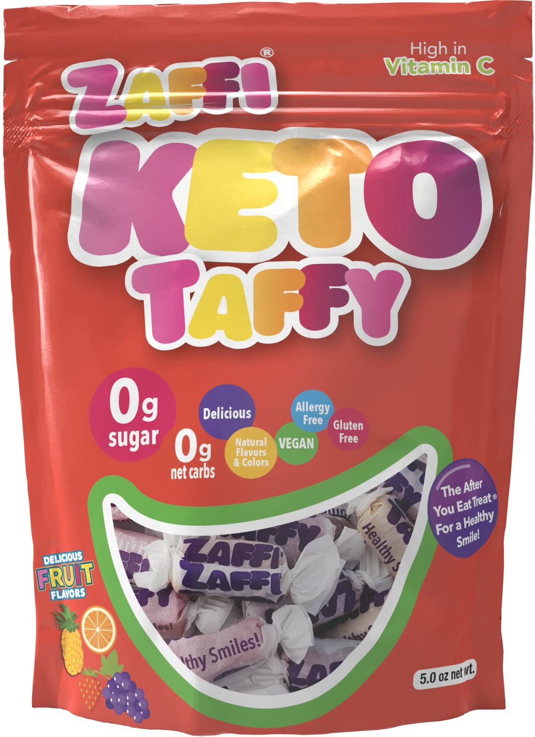 Zollipops KETO Taffy 5oz Resealable Pouch - Sugar-Free, Low-Carb Chewy Treats for Satisfying and Delicious Snacking