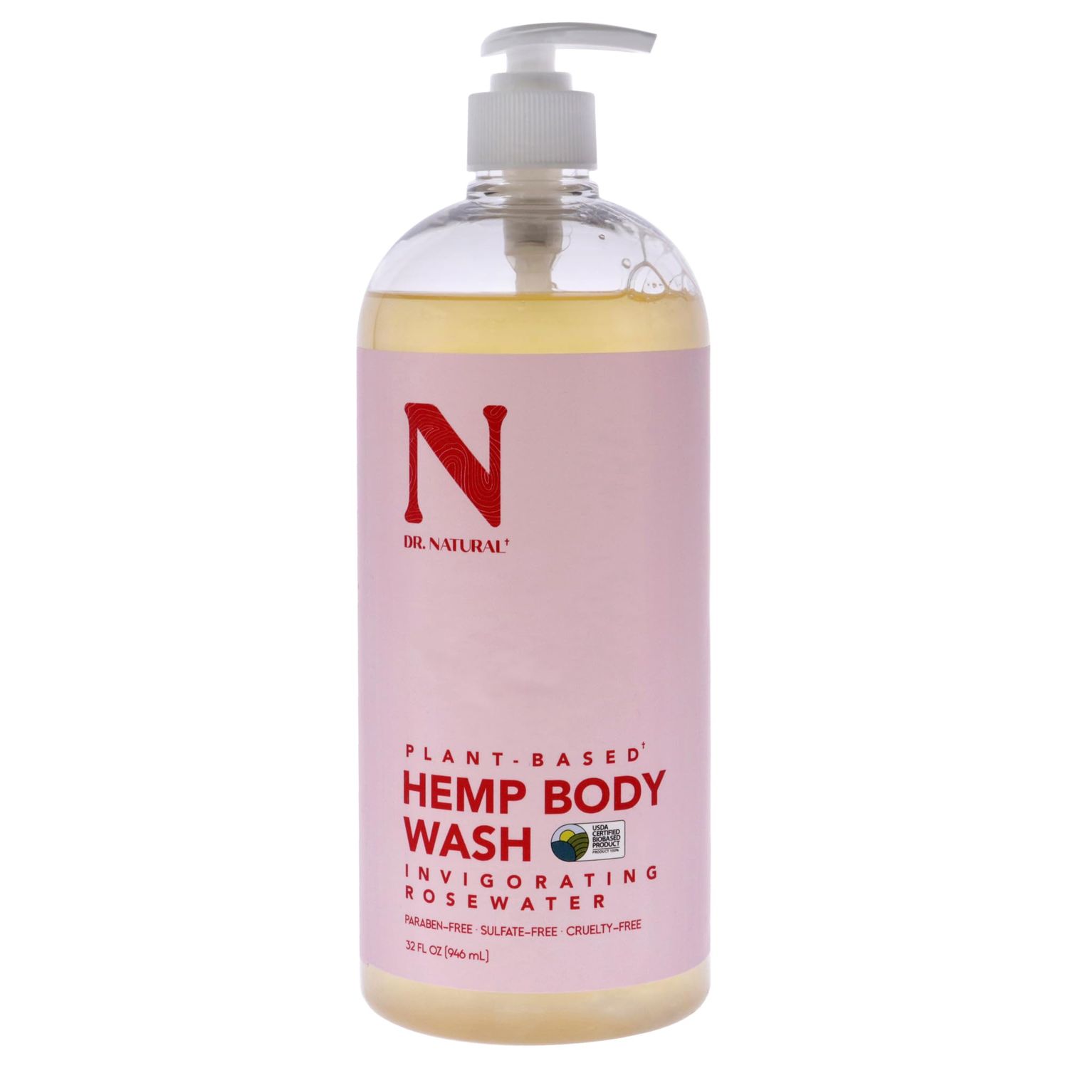 Dr. Natural Hemp Body Wash, Rose, 32 oz - Pure Plant-Based Body Wash - Deep Cleansing and Moisturizing with Organic Shea Butter - Enriched with Hemp Seed Oil - Suitable for Sensitive Skin