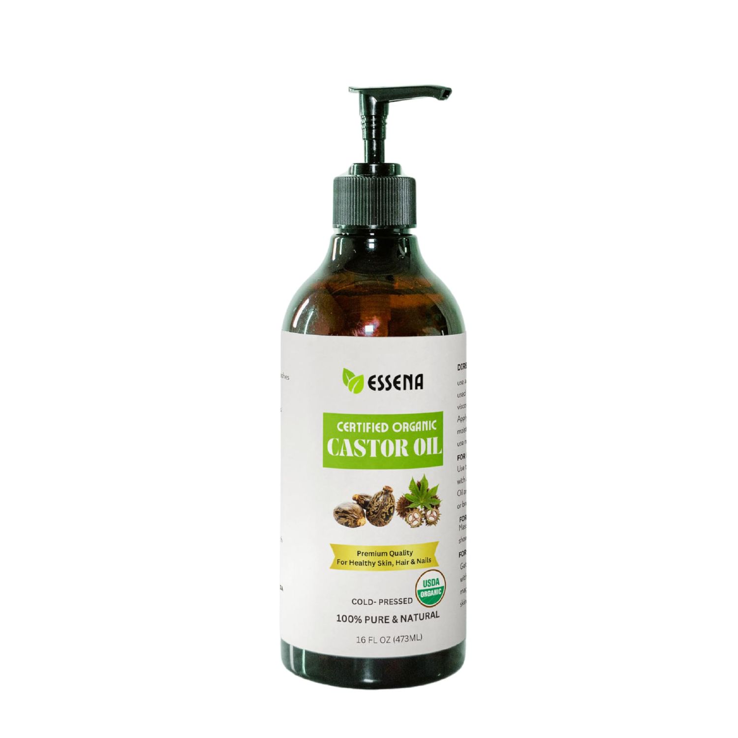 ESSENA USDA Organic Cold Pressed Unrefined Plastic Bottle 100 Pure Natural Castor Oil Hexan free Extra Vergin for Skin Hair Growth Eyebrow Eyelashes Dry Scalp Castor Oil Pack Pack Wrap