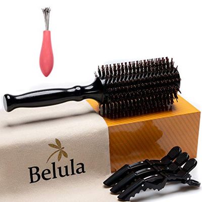 Belula Boar Bristle Round Brush for Blow Drying Set. Round Hair Brush With Large 2.7 Wooden Barrel. Hairbrush Ideal to Add Volume and Body. Free 3 x Hair Clips Travel Bag.