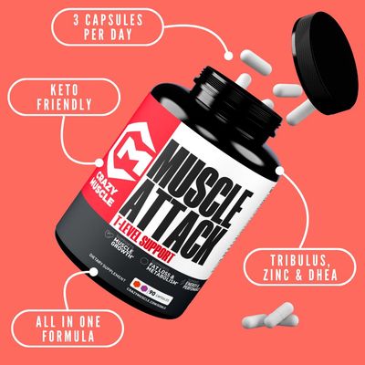 Crazy Muscle Muscle Attack, Testosterone Support Supplement for Strength, Mass Performance, Non-Stimulant Formula for Men, 90 Capsules, 30 Servings