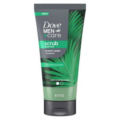 Dove MenCare Body and Face Scrub Costal Cedar Deeply Exfoliates for Hydrated Nourished Skin Gentle Cleanser, No Sulfate Cleansers or Parabens, 98 Biodegradable Formula 9 oz