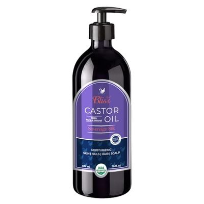 Royal Bliss Organic Hexane free Castor Oil - Cold-Pressed, USDA Certified, 100 Pure Natural for Skin, Hair, Nails, Body, Eyelashes Growth, Nourishes Hydrates VIOLET Glass Bottle 16 oz