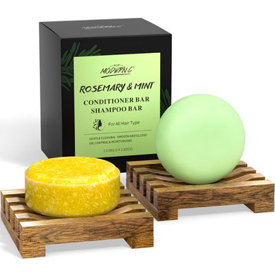 POP MODERN.C Rosemary Solid Shampoo and Conditioner Bar Set for Hair Growth, Moisturizing, 160g, 2.8219 Ounce, 2x80g Soaps, 2 Wooden Holder, Mother&#39;s Day Gift