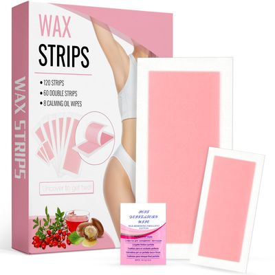 Wax Strips Body Hair Removal 120 Strips 2 Sizes and 8 Oil Wipes Bikini Waxing Strip Dual Sides Brazilian Wax for Women Men Face Arms Legs Underarm Back Waxing Kit Suit Many Skin Rose Scent