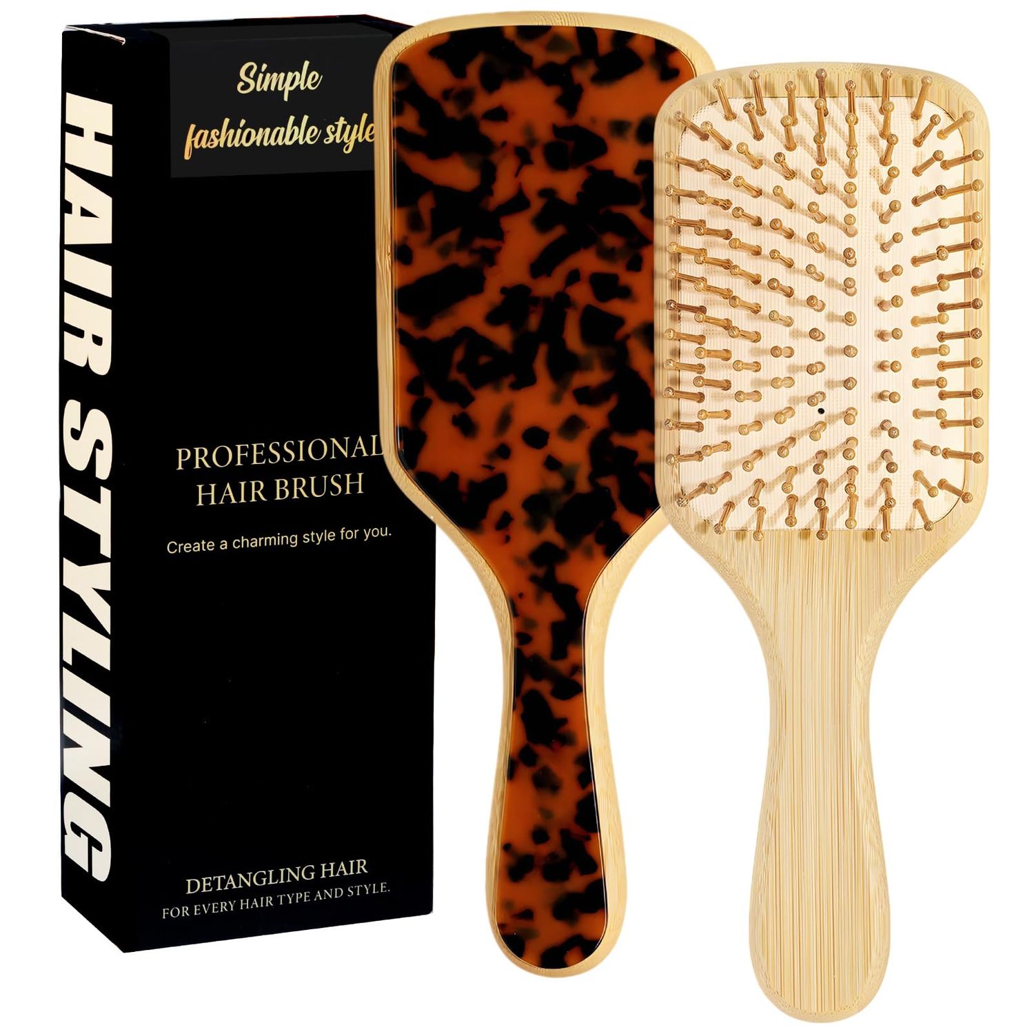 Bamboo Hair Brush, Natural Wooden Paddle Hairbrush for Women, Men and Kids, Detangler Brush for Curly, Thick Hair, Massager Hair Growth - Turtle