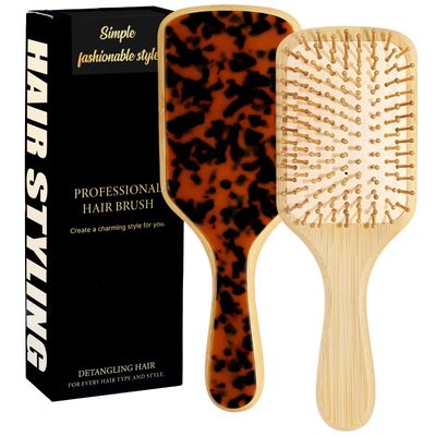 Bamboo Hair Brush, Natural Wooden Paddle Hairbrush for Women, Men and Kids, Detangler Brush for Curly, Thick Hair, Massager Hair Growth - Turtle