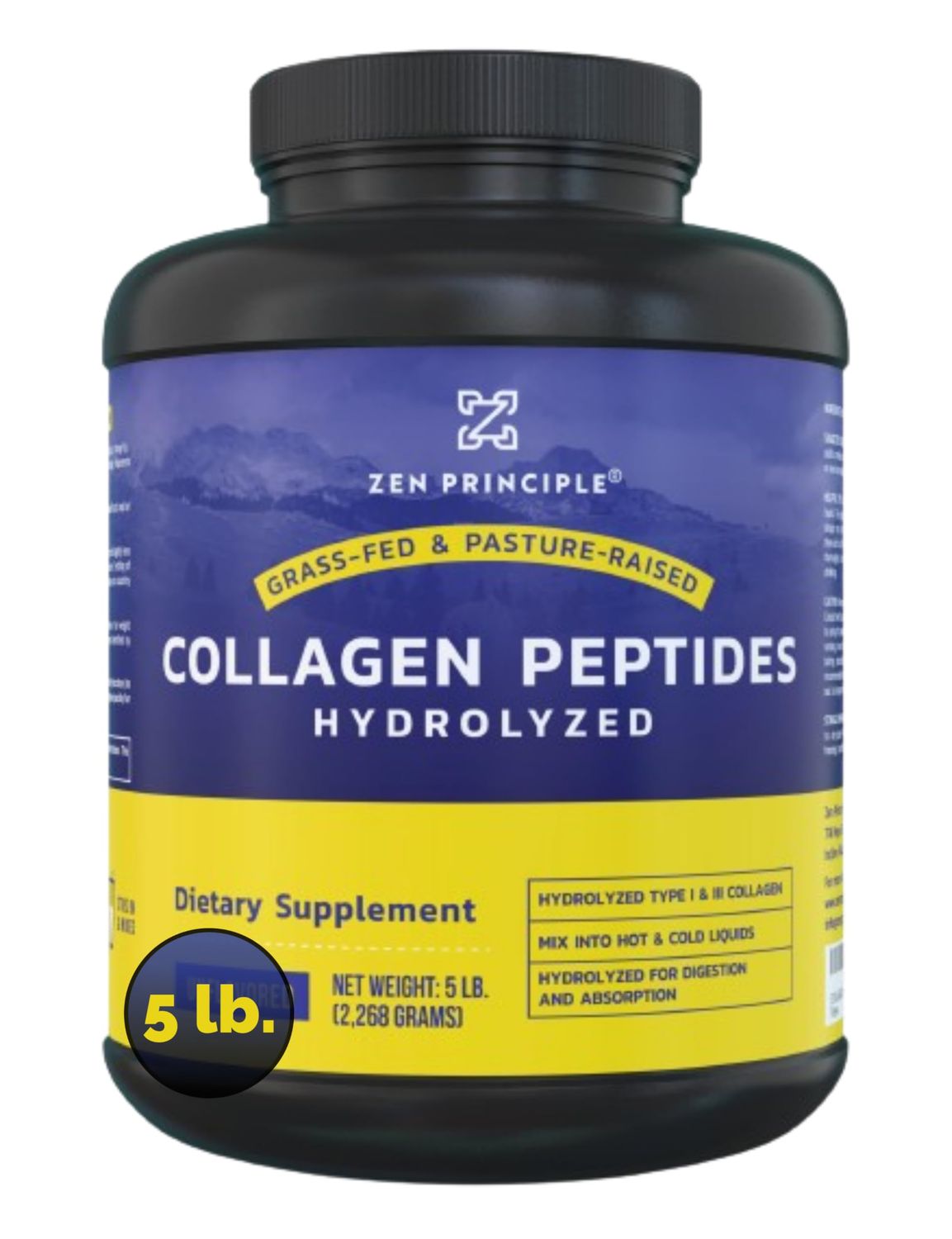 Zen Principle Grass-Fed Collagen Peptides 5 lb. Custom Anti-Aging Hydrolyzed Protein Powder for Healthy Hair, Skin, Joints Nails. Paleo and Keto Friendly, GMO and Gluten Free, Pasture-Raised Bovine.