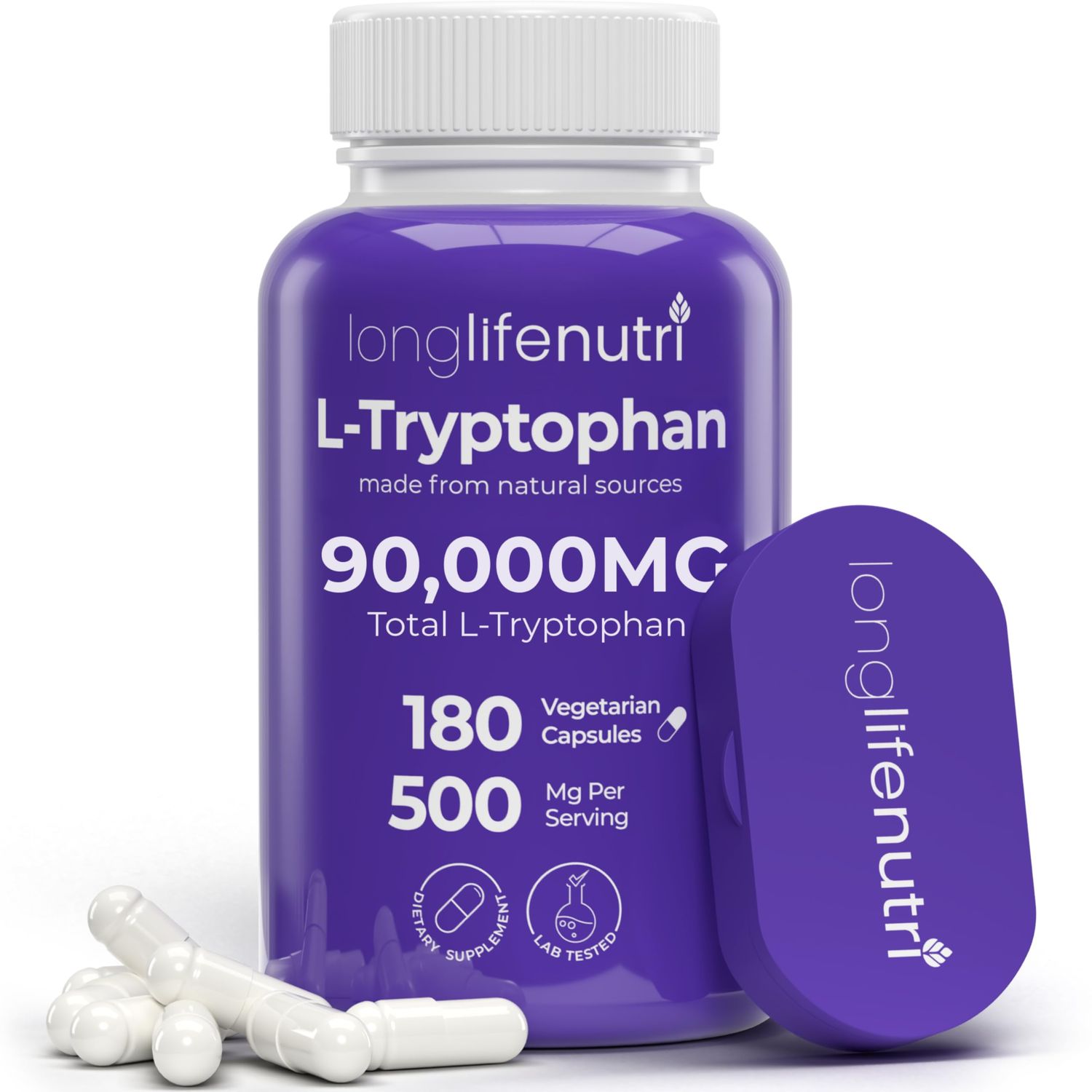 L-Tryptophan 500mg - 180 Vegetarian Capsules, 6-Month Supply, for Sleep Aid and Mood Stability, Lab Tested, Made in USA, Non-GMO