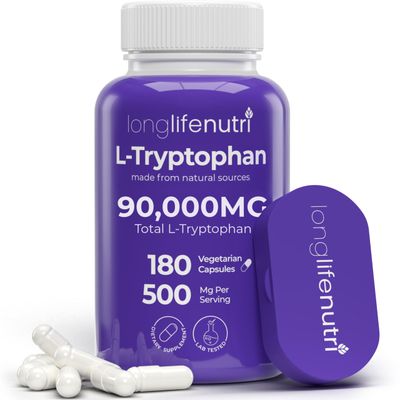 L-Tryptophan 500mg - 180 Vegetarian Capsules, 6-Month Supply, for Sleep Aid and Mood Stability, Lab Tested, Made in USA, Non-GMO